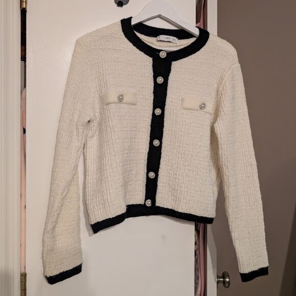 Mango MNG Pocket Tweed Cardigan Sweater Large Off White Black Cotton Blend EUC - Picture 3 of 15